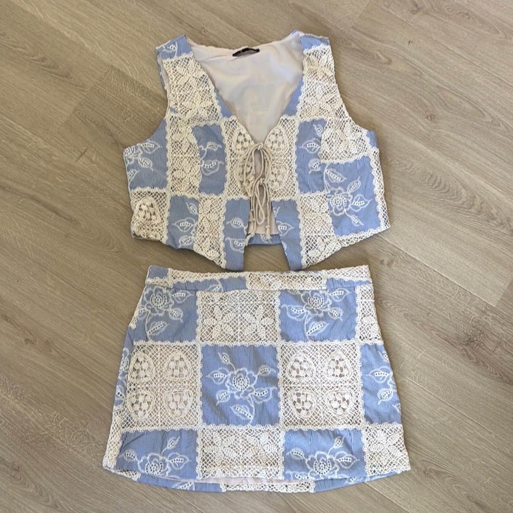 Lulus Blue and White Lace Patchwork Vest and Skirt Set